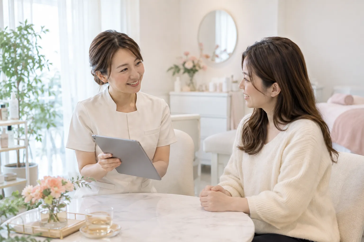 サロンでお客様とタブレットを見ながら相談するオーナーのイメージ